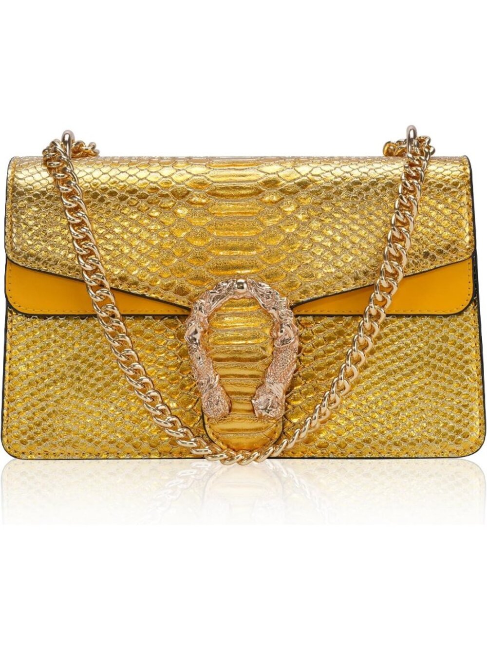 Women's Gold Yellow Leather Cross Body Satchel Classic Snake Print Chain Bag